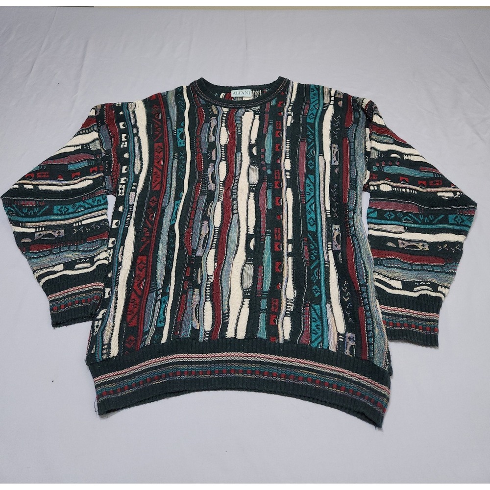 Alfani Mens 3D Textured Knit Sweater Multi Color Vintage Style Crewneck L